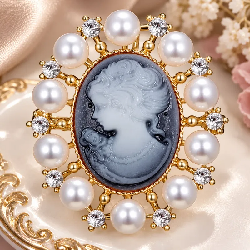Broche camée perles blanches, profil de femme sur fond bleu